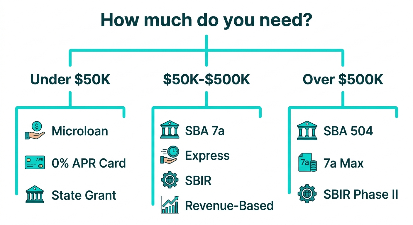Infographic: Complete AI and automation financing comparison showing ten funding options arranged by investment size, from 0% APR credit cards for under $5K to SBA 504 loans for $100K+ investments, with approval speed and interest rate ranges