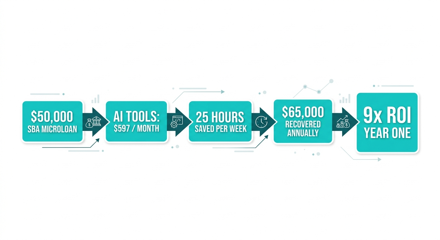 Infographic: ROI breakdown showing $50K SBA microloan investment flowing into AI tools costing $7,164 per year, saving 25 hours per week, returning $65,000 in recovered productivity for a 9x first-year ROI Infographic: ROI breakdown showing $50K SBA microloan investment flowing into AI tools costing $7,164 per year, saving 25 hours per week, returning $65,000 in recovered productivity for a 9x first-year ROI