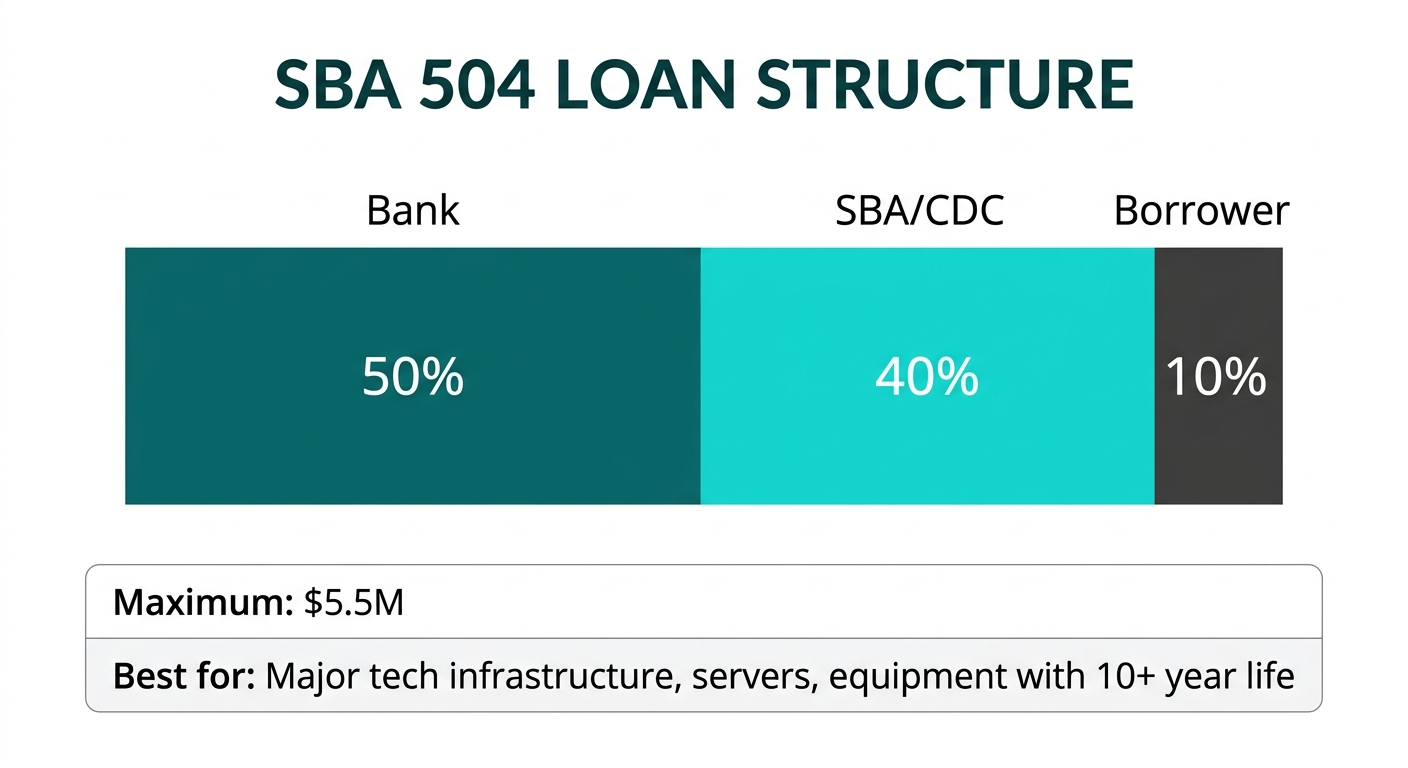 Infographic: SBA 504 loan structure showing the three-way split between bank (50%), CDC/SBA (40%), and borrower (10%), with qualifying and non-qualifying technology investments listed side by side